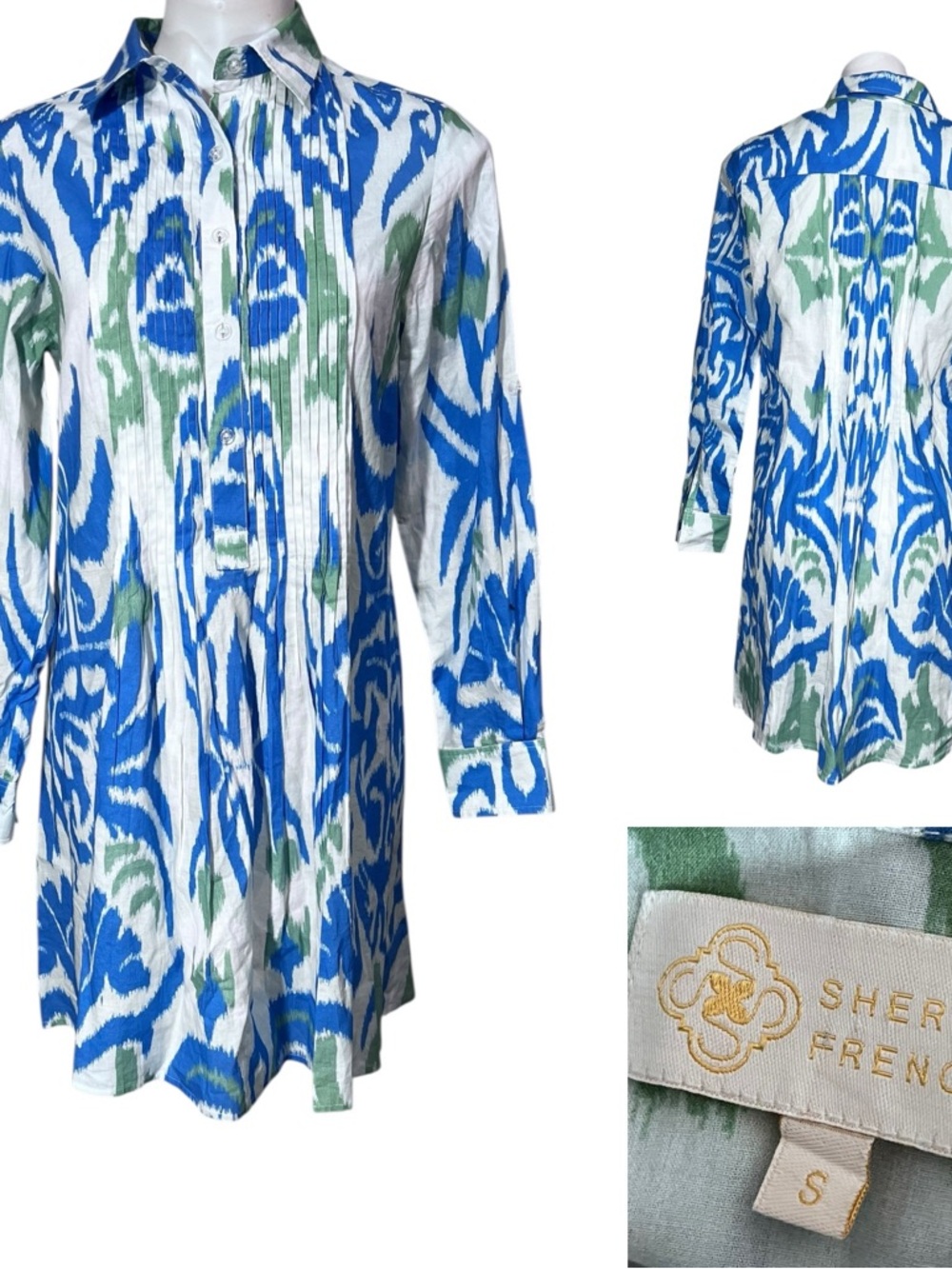 Sheridan French Tunic dress sm Blue/Green Ikat Button pullover 100% cotton